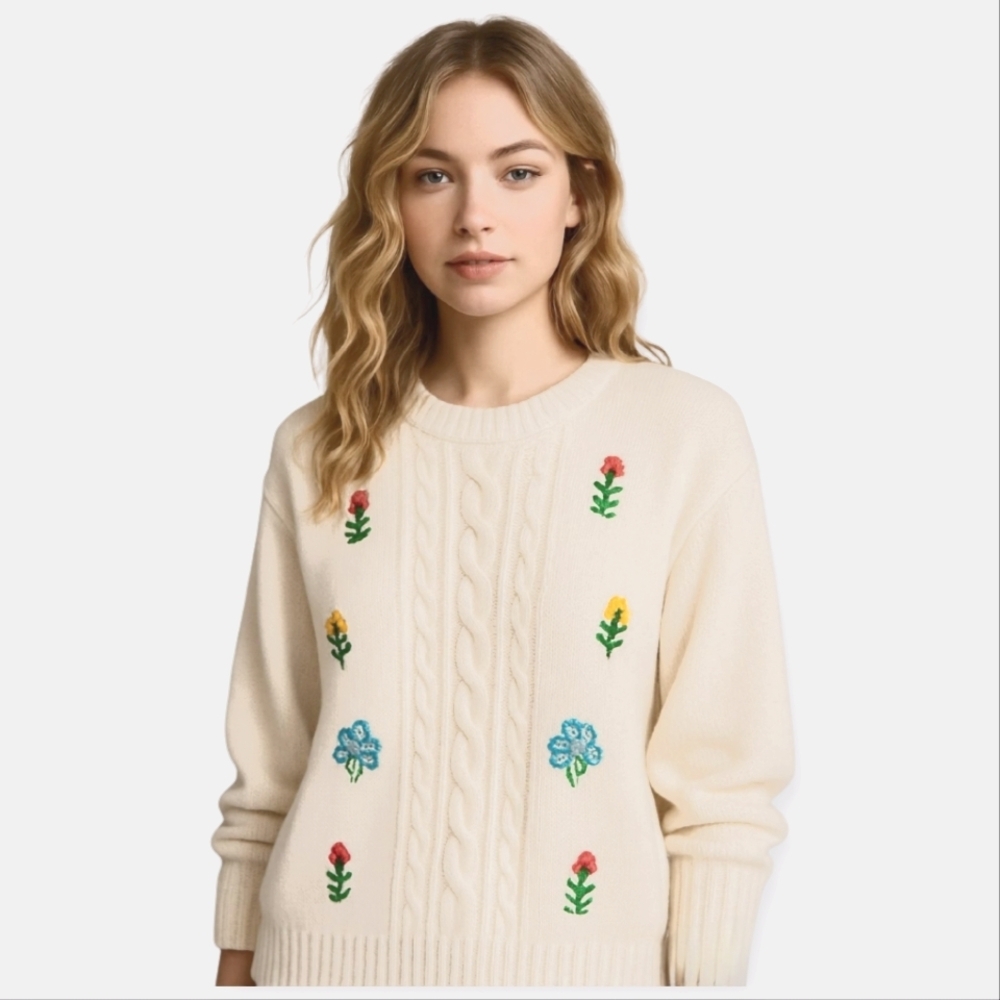 Evelyn Taylor 90s Vintage Grannycore Floral Embroidered Sweater XL Cozy Chic